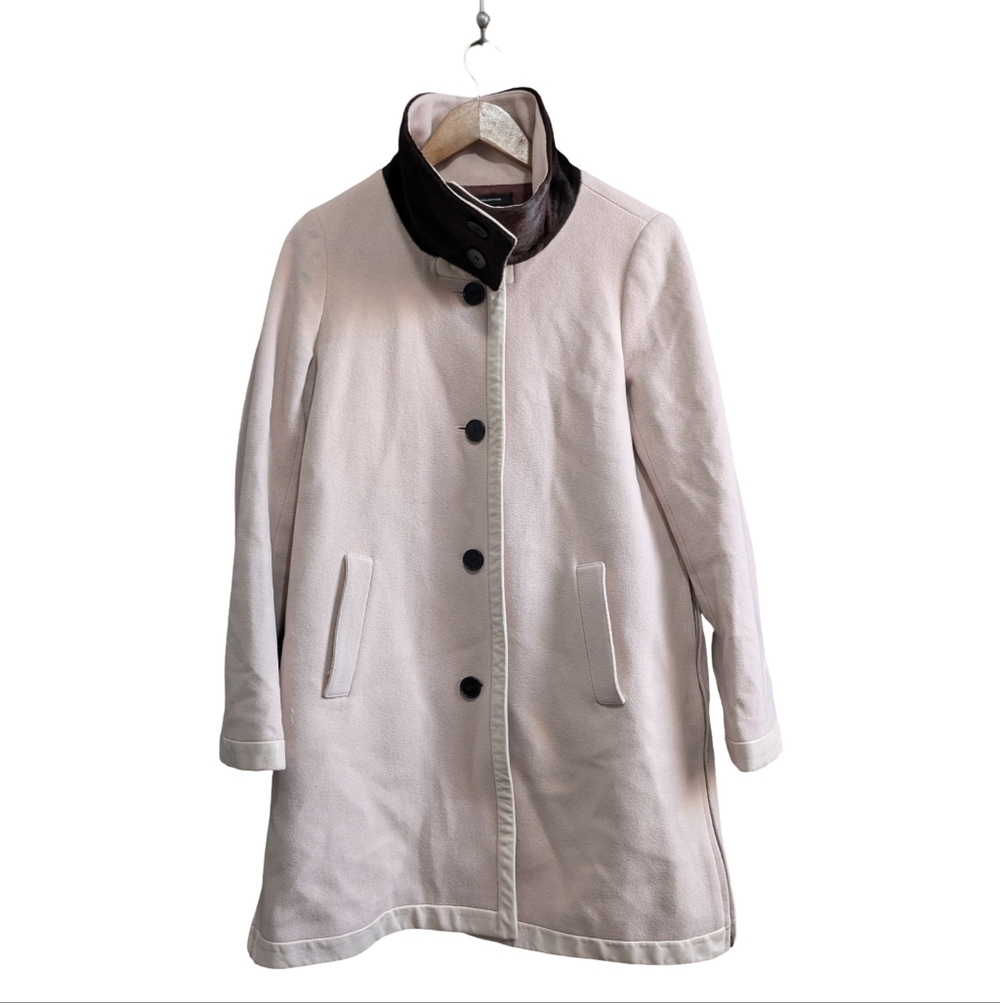 Club Monaco Calf Hair Collar Italian Wool and Leather Coat, Size Medium